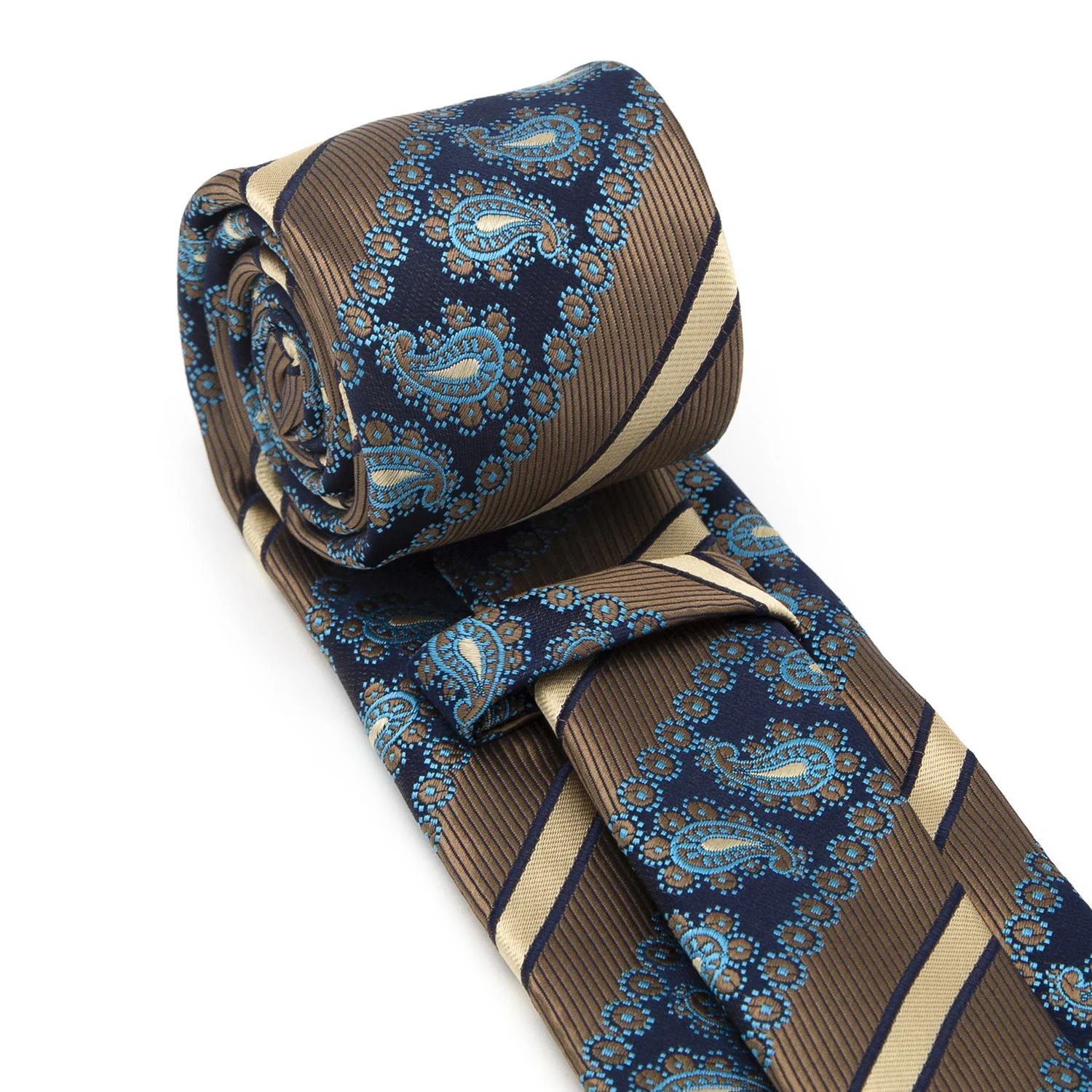 3Pcs Men's Brown Stripes & Navy Paisley Necktie Set - Image 5