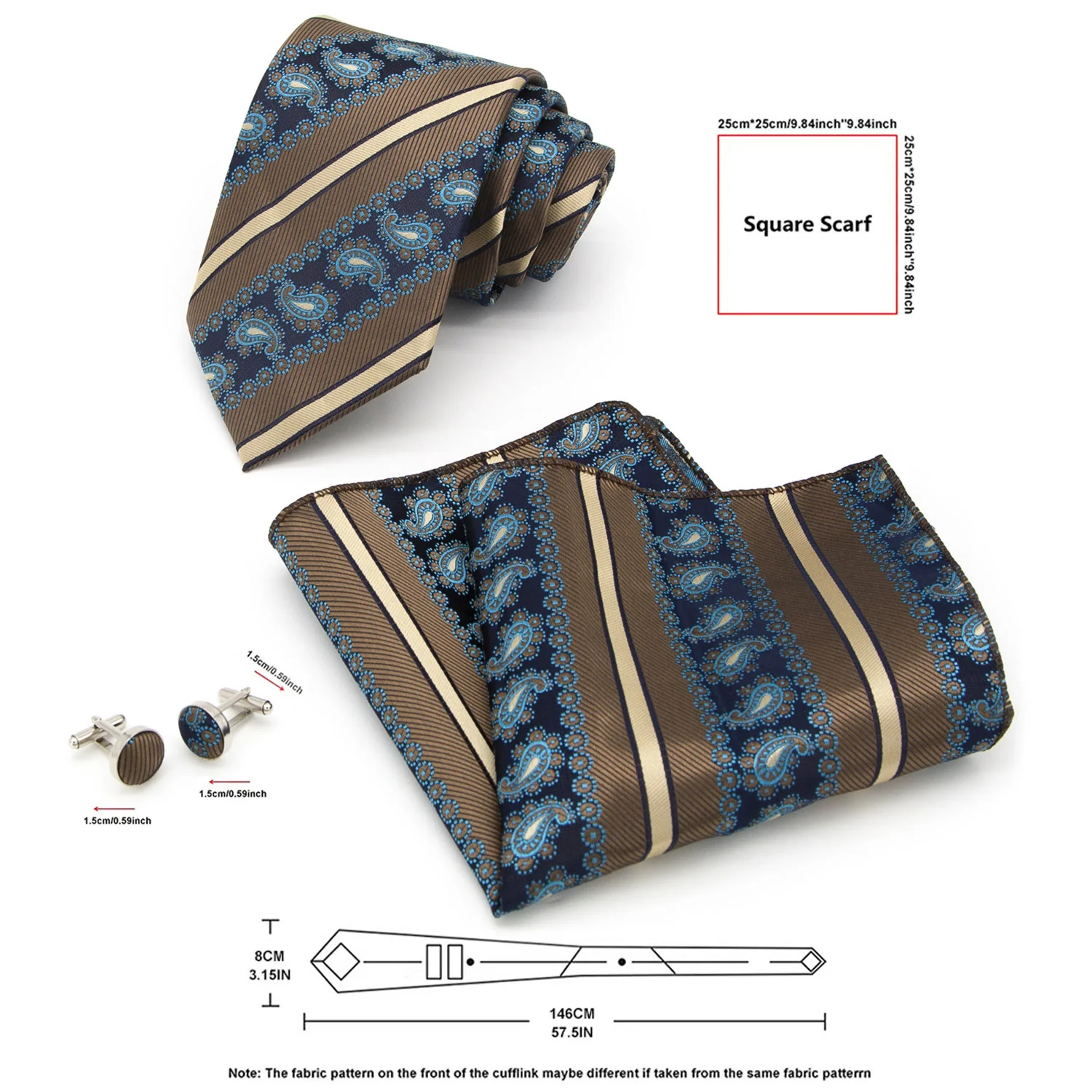 3Pcs Men's Brown Stripes & Navy Paisley Necktie Set - Image 7