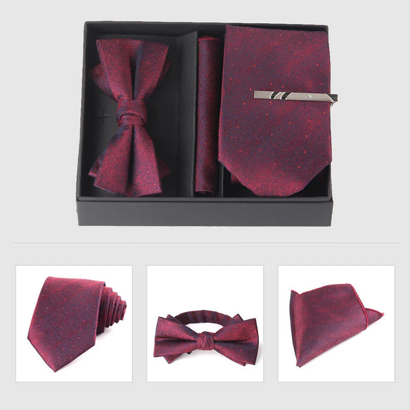 3Pcs Men's Burgundy Series Pocket Square Necktie Bow Tie Set - Image 12
