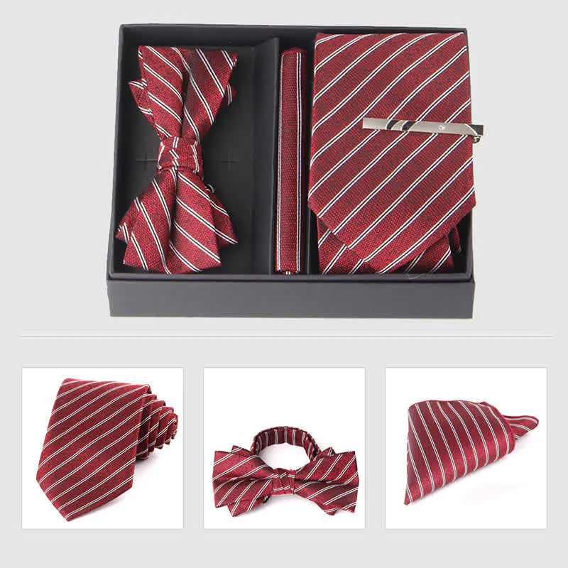 3Pcs Men's Burgundy Series Pocket Square Necktie Bow Tie Set - Image 14
