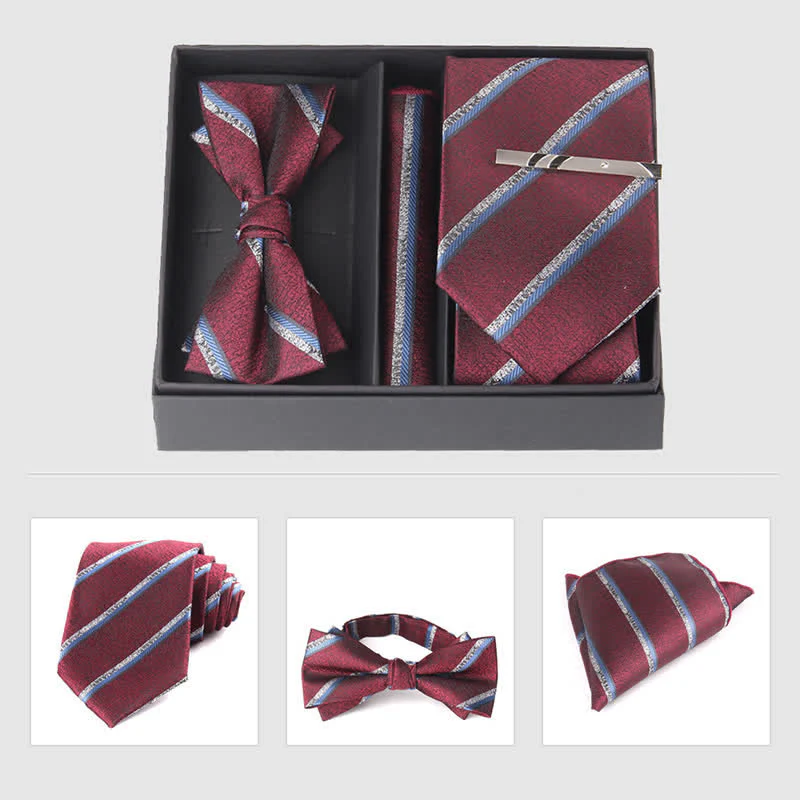 3Pcs Men's Burgundy Series Pocket Square Necktie Bow Tie Set - Image 16
