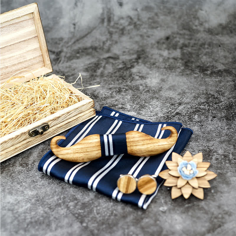 4Pcs Men's Burlywood Moustache Wooden Bow Tie Set - Image 4