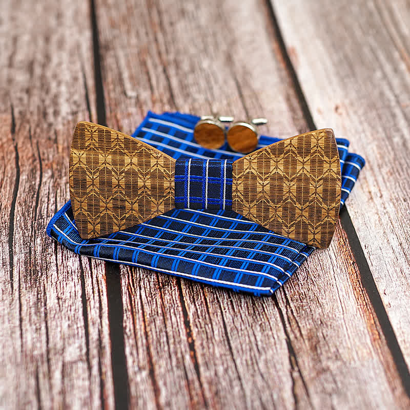 3Pcs Men's Carving Crown Wooden Bow Tie Set - Image 3