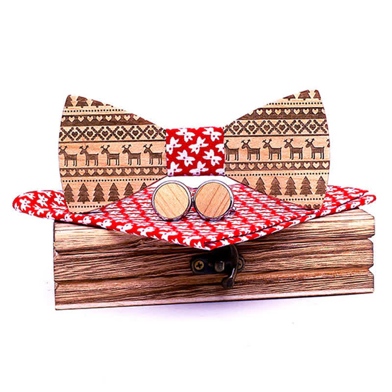 3Pcs Men's Christmas Theme Pattern Wooden Bow Tie Set - Image 6