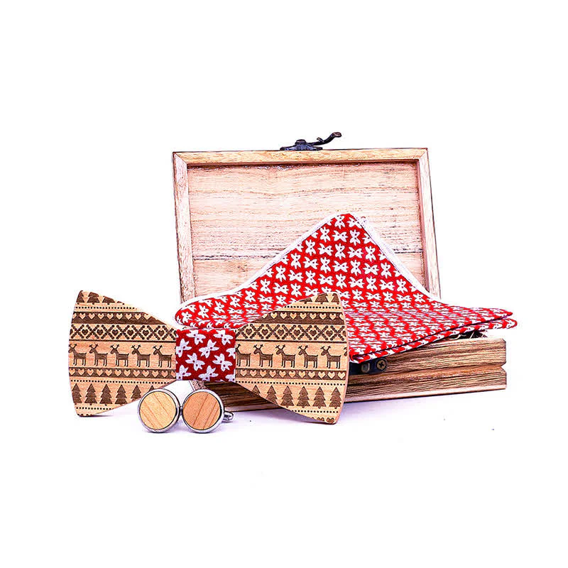 3Pcs Men's Christmas Theme Pattern Wooden Bow Tie Set - Image 7