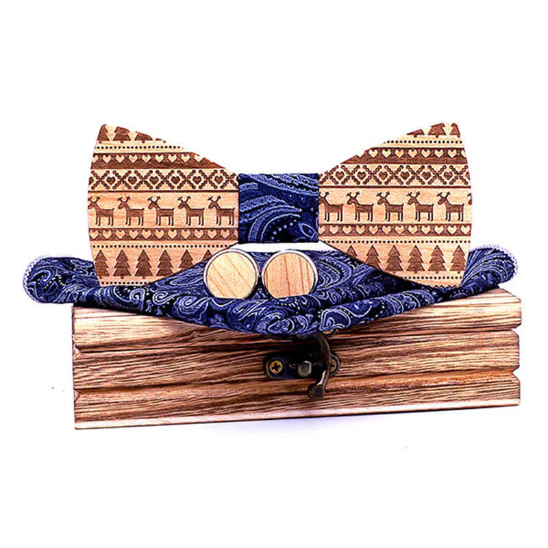 3Pcs Men's Christmas Theme Pattern Wooden Bow Tie Set - Image 8