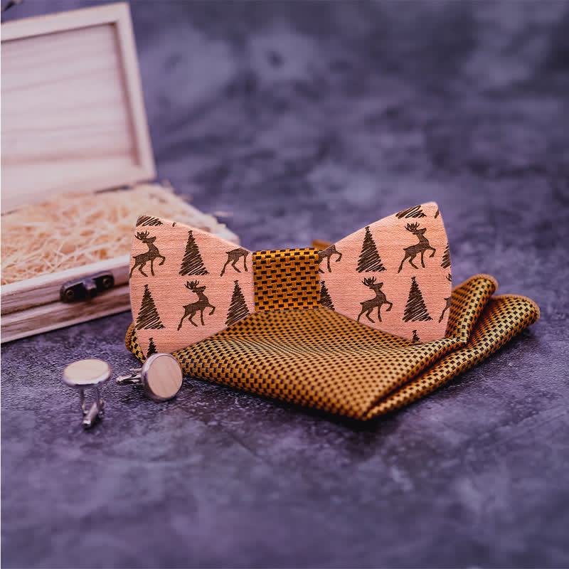 3Pcs Men's Christmas Tree Deer Pattern Wooden Bow Tie Set - Image 2