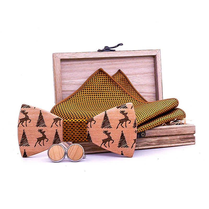 3Pcs Men's Christmas Tree Deer Pattern Wooden Bow Tie Set - Image 5