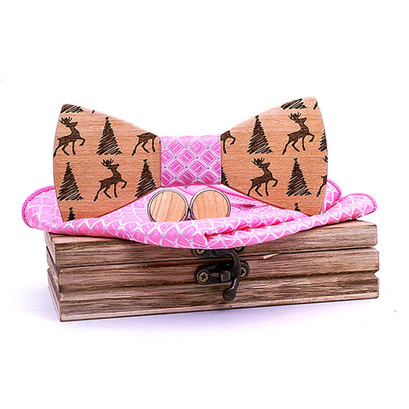 3Pcs Men's Christmas Tree Deer Pattern Wooden Bow Tie Set - Image 8