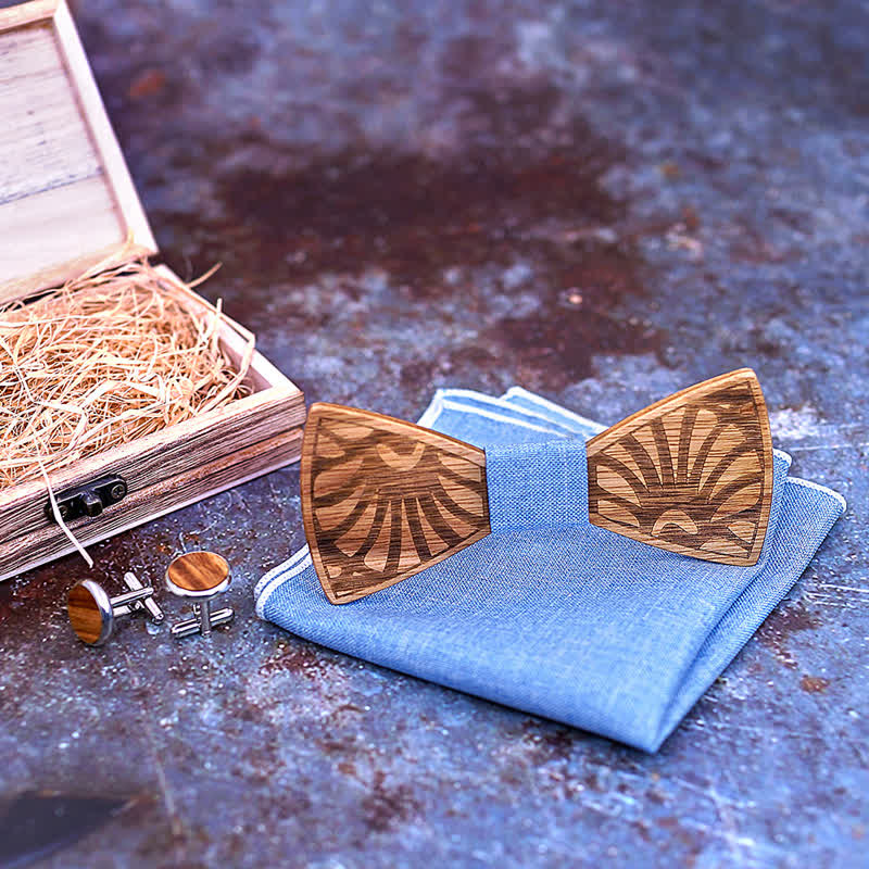 3Pcs Men's Dandelion Carved Solid Wooden Bow Tie Set - Image 3