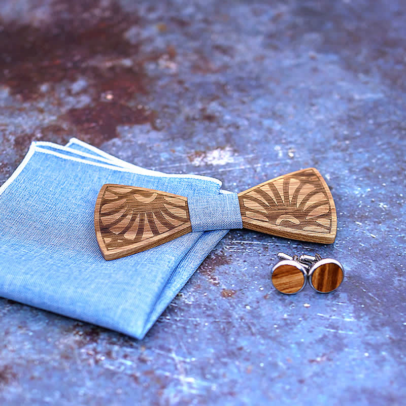 3Pcs Men's Dandelion Carved Solid Wooden Bow Tie Set - Image 4