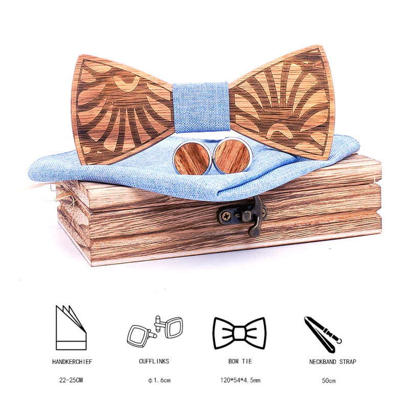 3Pcs Men's Dandelion Carved Solid Wooden Bow Tie Set - Image 7