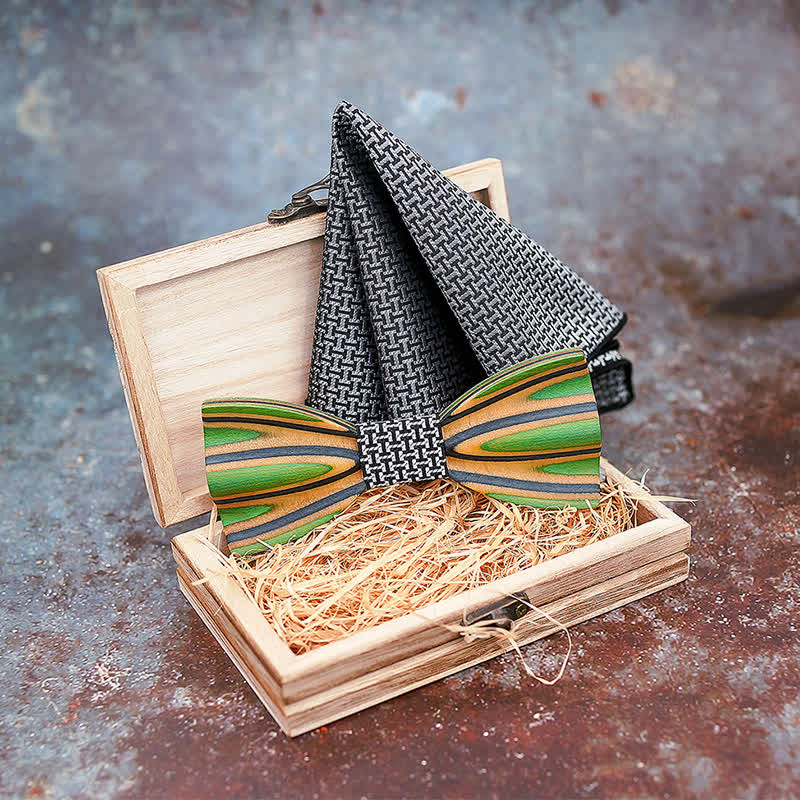 2Pcs Men's Dazzling Laser Engraving Wooden Bow Tie Set - Image 2