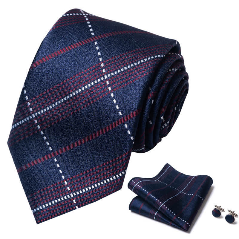 3Pcs Men's Deep Navy & Red Plaid Necktie Set - Image 2