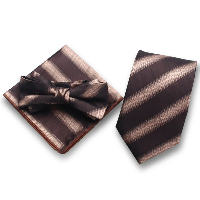 3Pcs Men's Elegant Striped Satin Bow Tie Pocket Square Necktie Formal Set - Image 2