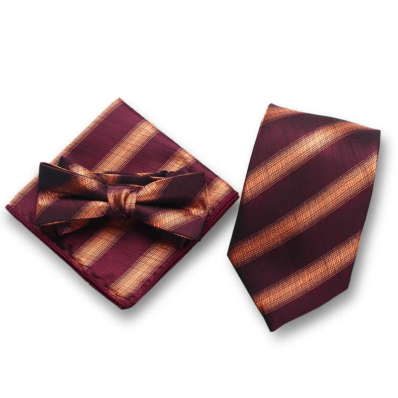 3Pcs Men's Elegant Striped Satin Bow Tie Pocket Square Necktie Formal Set - Image 3