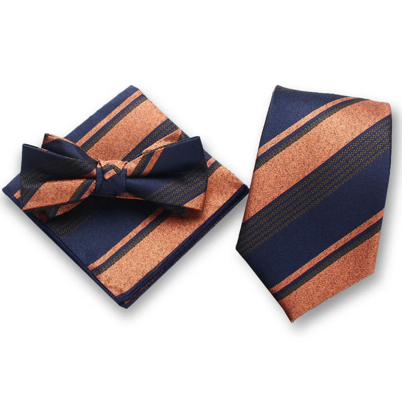 3Pcs Men's Elegant Striped Satin Bow Tie Pocket Square Necktie Formal Set - Image 5