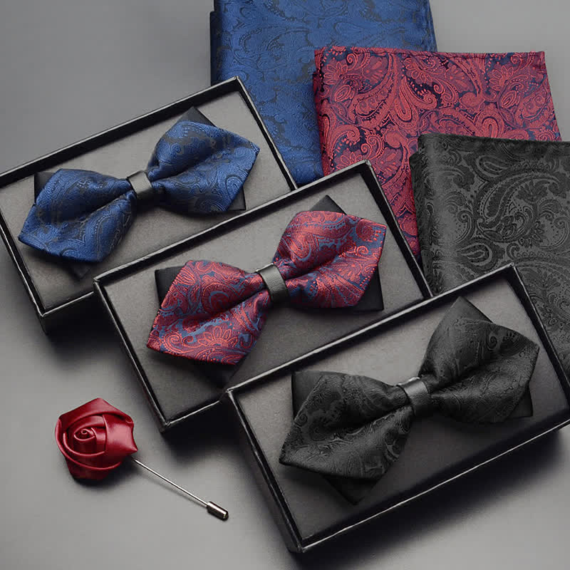 3Pcs Men's Exotic Paisley Double Pointed Bow Tie Set - Image 2