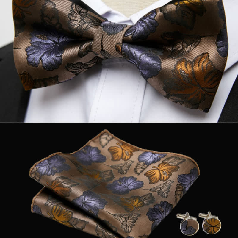 3Pcs Men's Falling Maple Leaves Pocket Square Cufflinks Bow Tie Set - Image 2