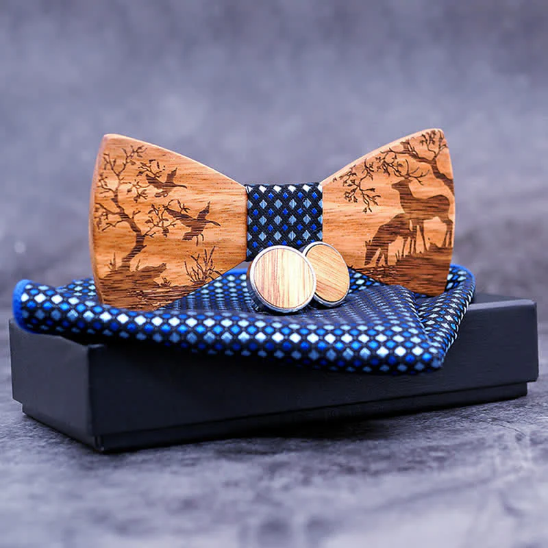 3Pcs Men's Fancy Christmas Elk Wooden Bow Tie Set - Image 2