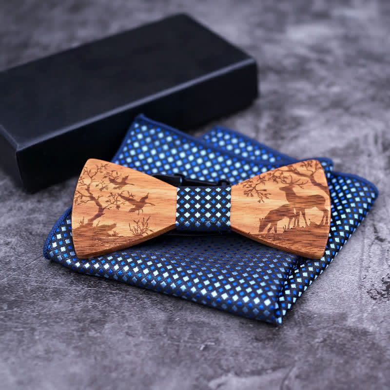 3Pcs Men's Fancy Christmas Elk Wooden Bow Tie Set - Image 3