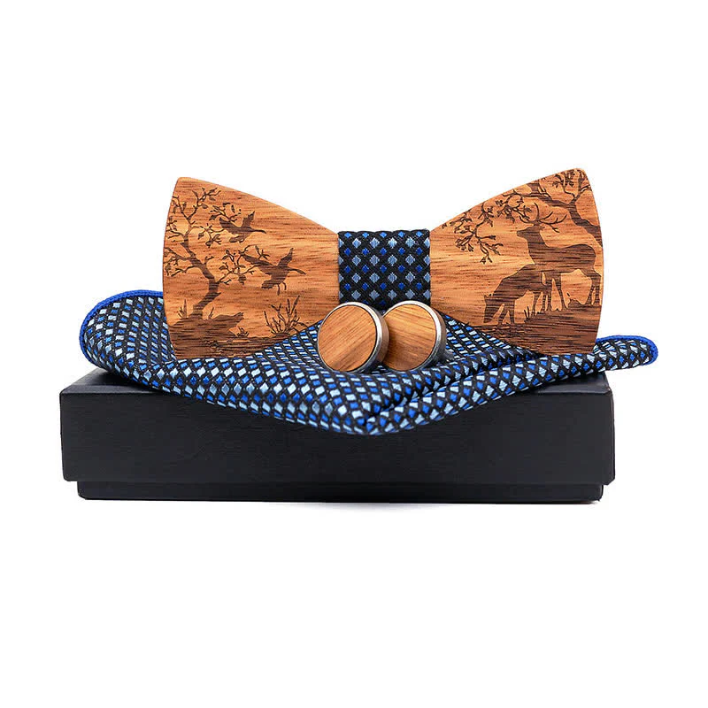 3Pcs Men's Fancy Christmas Elk Wooden Bow Tie Set - Image 6