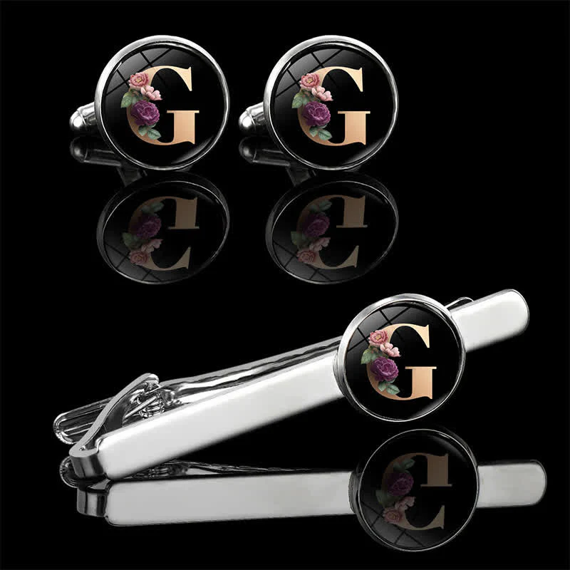 3Pcs Men's Flower 26 Capital Letters Tie Clip Brooch Cufflinks Set - Image 10
