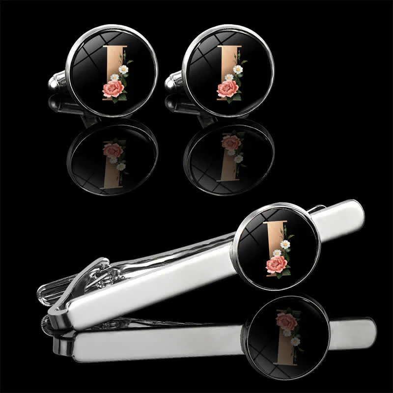 3Pcs Men's Flower 26 Capital Letters Tie Clip Brooch Cufflinks Set - Image 12