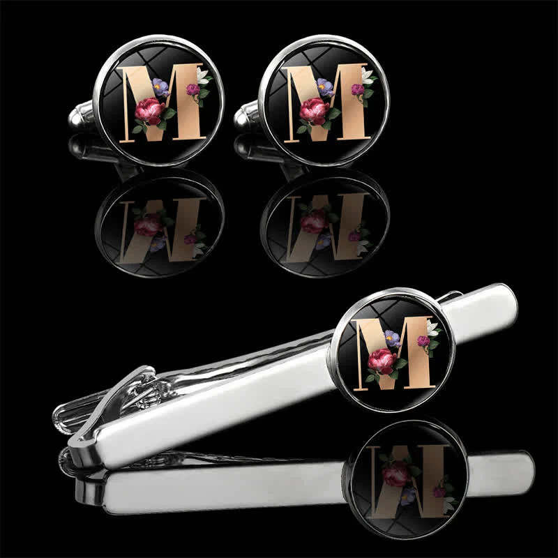 3Pcs Men's Flower 26 Capital Letters Tie Clip Brooch Cufflinks Set - Image 16