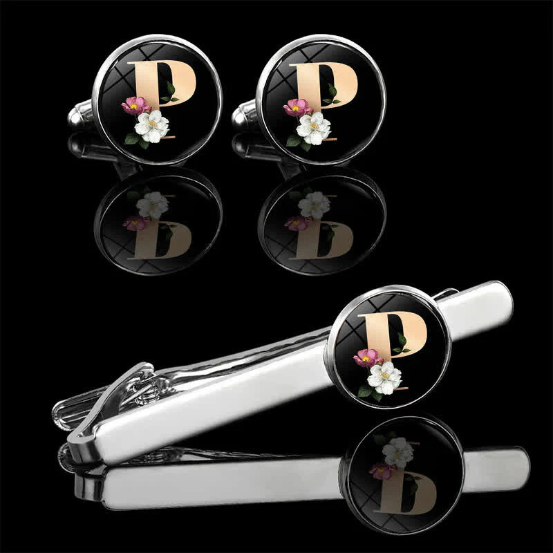 3Pcs Men's Flower 26 Capital Letters Tie Clip Brooch Cufflinks Set - Image 19