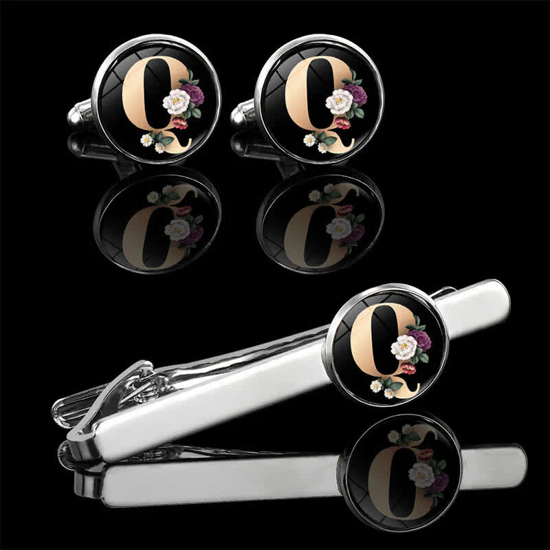 3Pcs Men's Flower 26 Capital Letters Tie Clip Brooch Cufflinks Set - Image 20