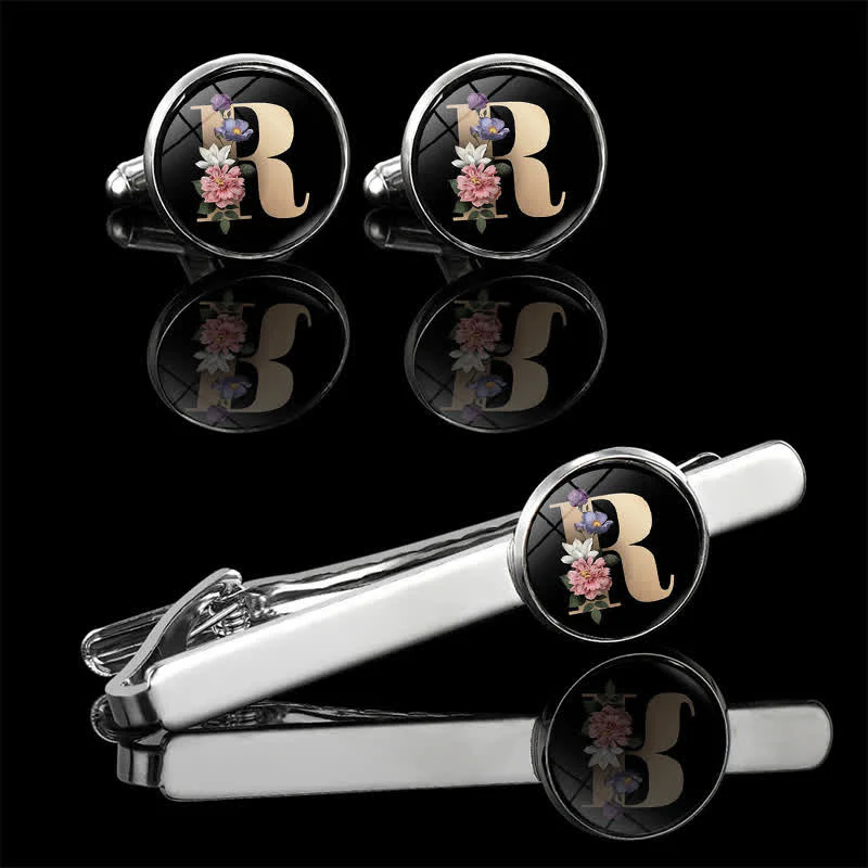 3Pcs Men's Flower 26 Capital Letters Tie Clip Brooch Cufflinks Set - Image 21