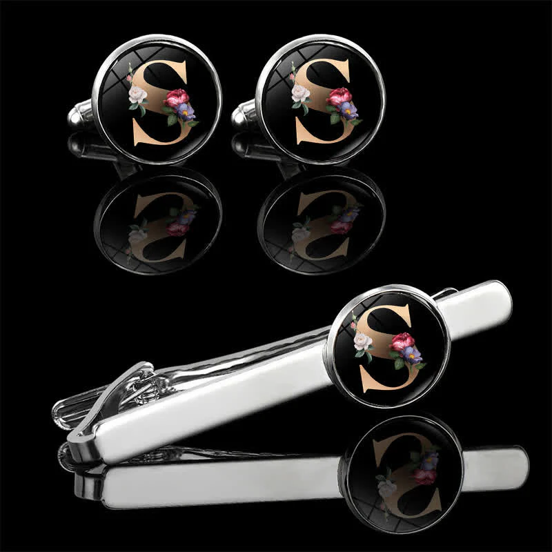 3Pcs Men's Flower 26 Capital Letters Tie Clip Brooch Cufflinks Set - Image 22