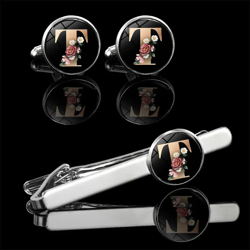 3Pcs Men's Flower 26 Capital Letters Tie Clip Brooch Cufflinks Set - Image 23