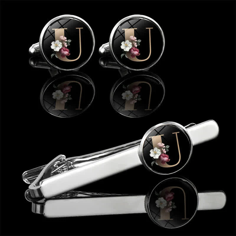 3Pcs Men's Flower 26 Capital Letters Tie Clip Brooch Cufflinks Set - Image 24
