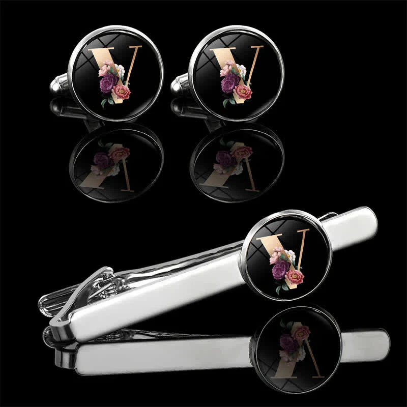 3Pcs Men's Flower 26 Capital Letters Tie Clip Brooch Cufflinks Set - Image 25