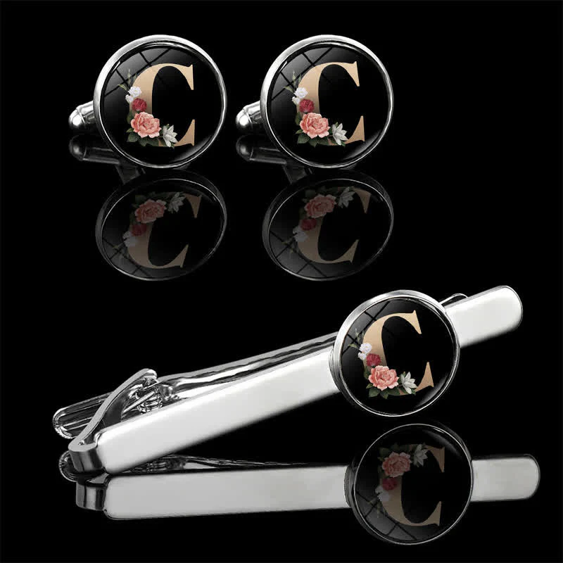 3Pcs Men's Flower 26 Capital Letters Tie Clip Brooch Cufflinks Set - Image 6