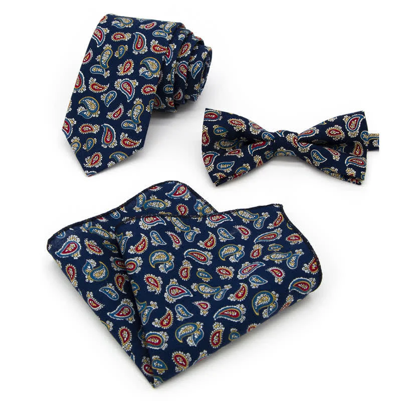 3Pcs Men's Flowers Paisley Cotton Bow Tie Necktie Set - Image 4