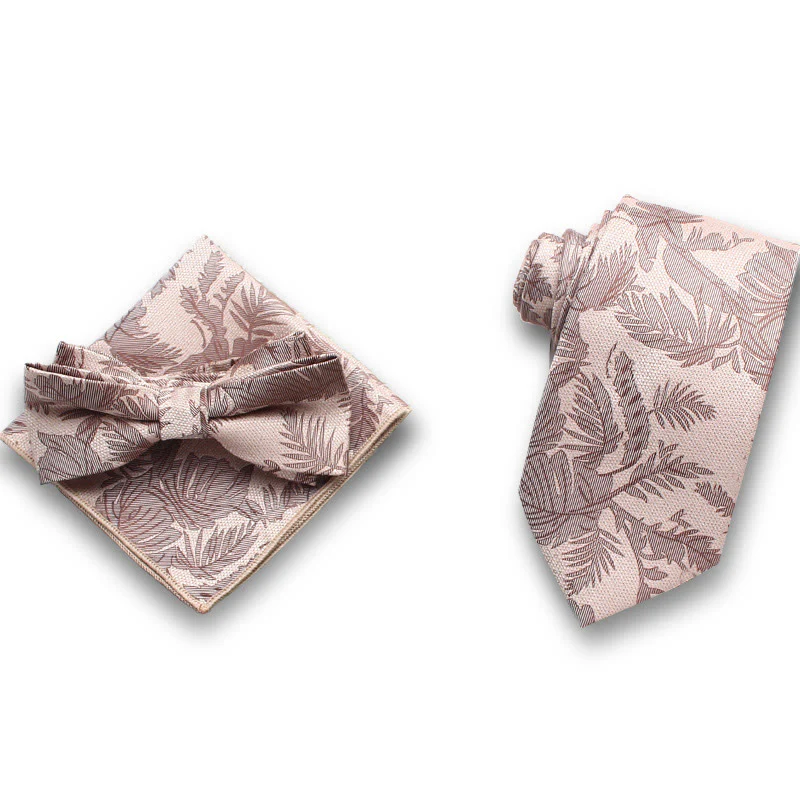 3Pcs Men's Gentle Leaf Pattern Satin Bow Tie Pocket Square Necktie Formal Set