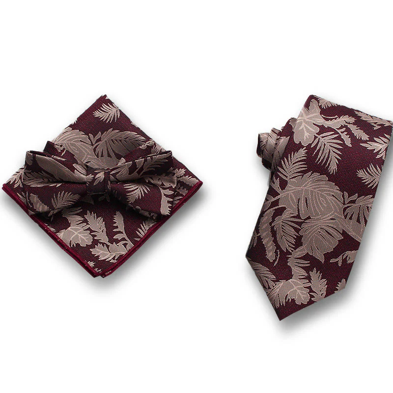 3Pcs Men's Gentle Leaf Pattern Satin Bow Tie Pocket Square Necktie Formal Set - Image 2