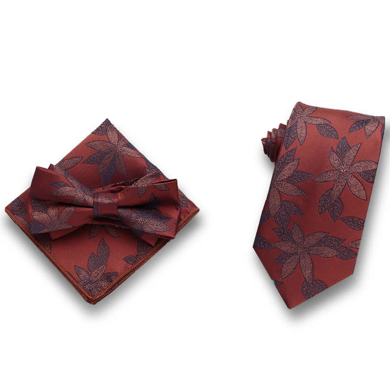 3Pcs Men's Gentle Leaf Pattern Satin Bow Tie Pocket Square Necktie Formal Set - Image 6
