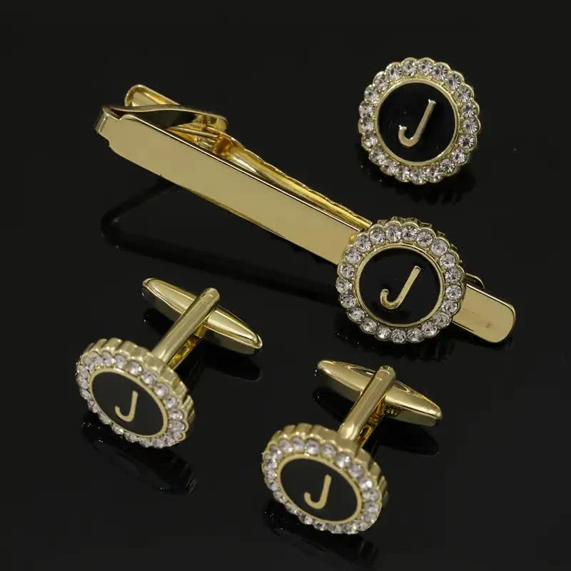 3Pcs Men's Gold 26 Capital Letters Tie Clip Brooch Cufflinks Set - Image 10