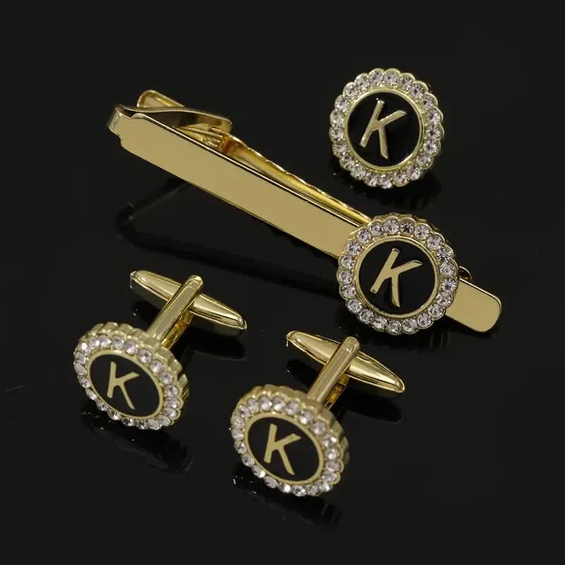 3Pcs Men's Gold 26 Capital Letters Tie Clip Brooch Cufflinks Set - Image 11