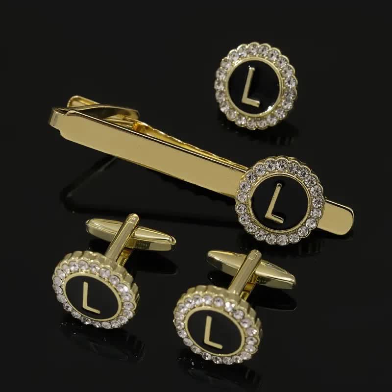3Pcs Men's Gold 26 Capital Letters Tie Clip Brooch Cufflinks Set - Image 12