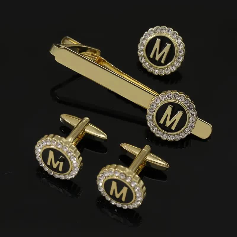 3Pcs Men's Gold 26 Capital Letters Tie Clip Brooch Cufflinks Set - Image 13