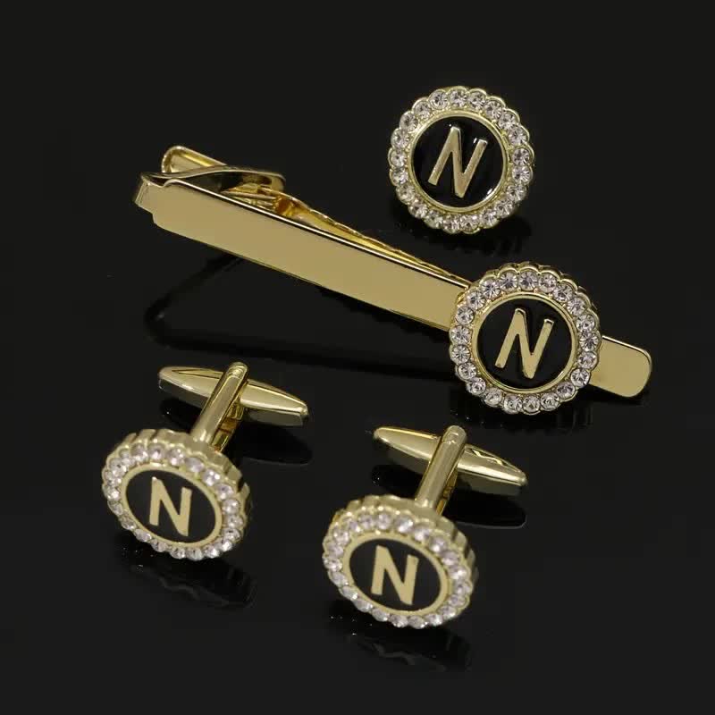 3Pcs Men's Gold 26 Capital Letters Tie Clip Brooch Cufflinks Set - Image 14