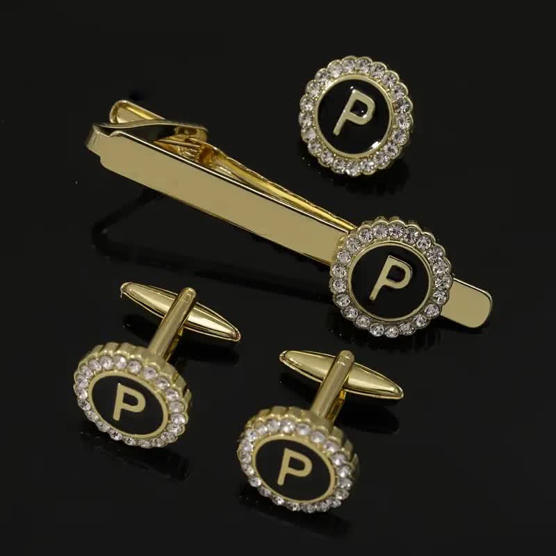 3Pcs Men's Gold 26 Capital Letters Tie Clip Brooch Cufflinks Set - Image 16
