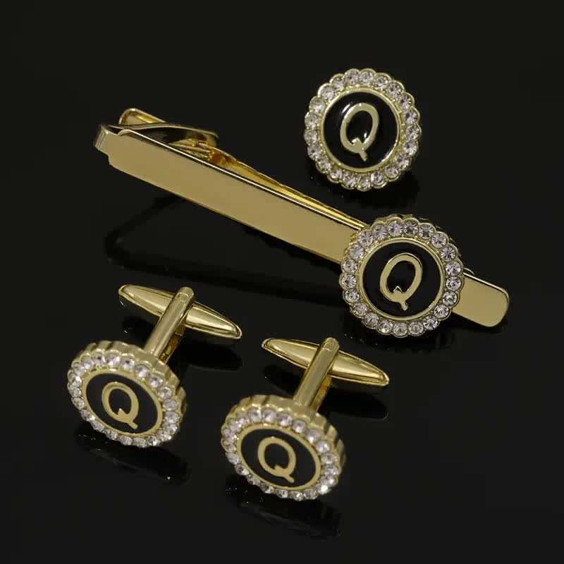 3Pcs Men's Gold 26 Capital Letters Tie Clip Brooch Cufflinks Set - Image 17