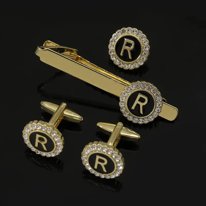 3Pcs Men's Gold 26 Capital Letters Tie Clip Brooch Cufflinks Set - Image 18