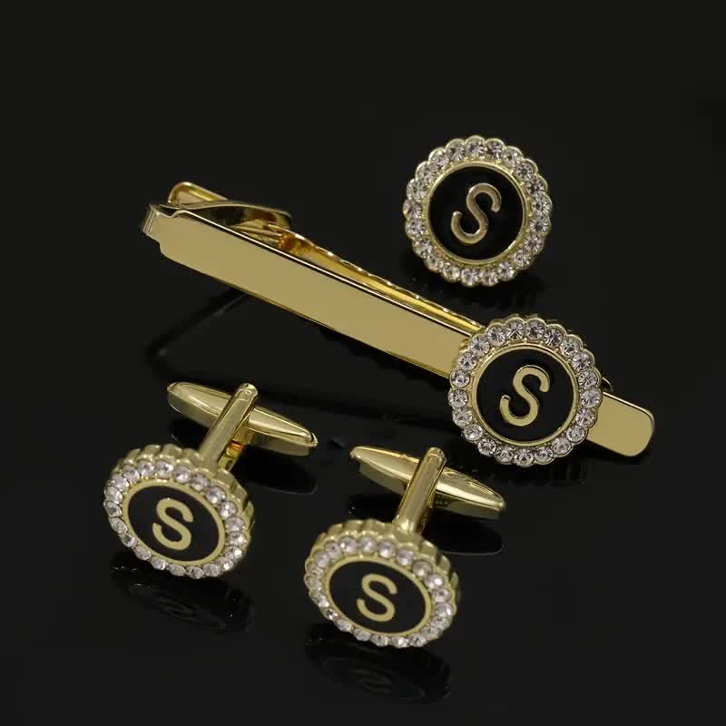 3Pcs Men's Gold 26 Capital Letters Tie Clip Brooch Cufflinks Set - Image 19